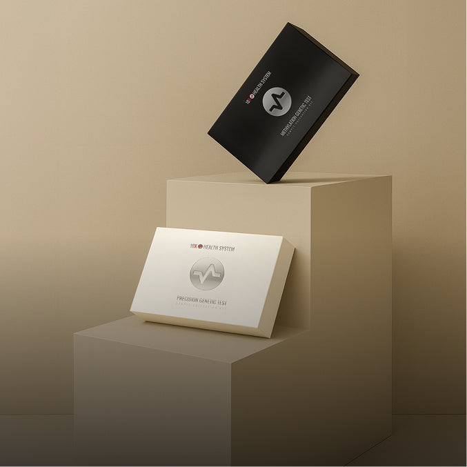 Two boxes one 10x precision genetic test and another methylation genetic test on a beige background