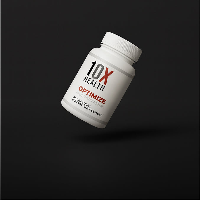 Bottle of 10X Optimize supplements in dark grey background