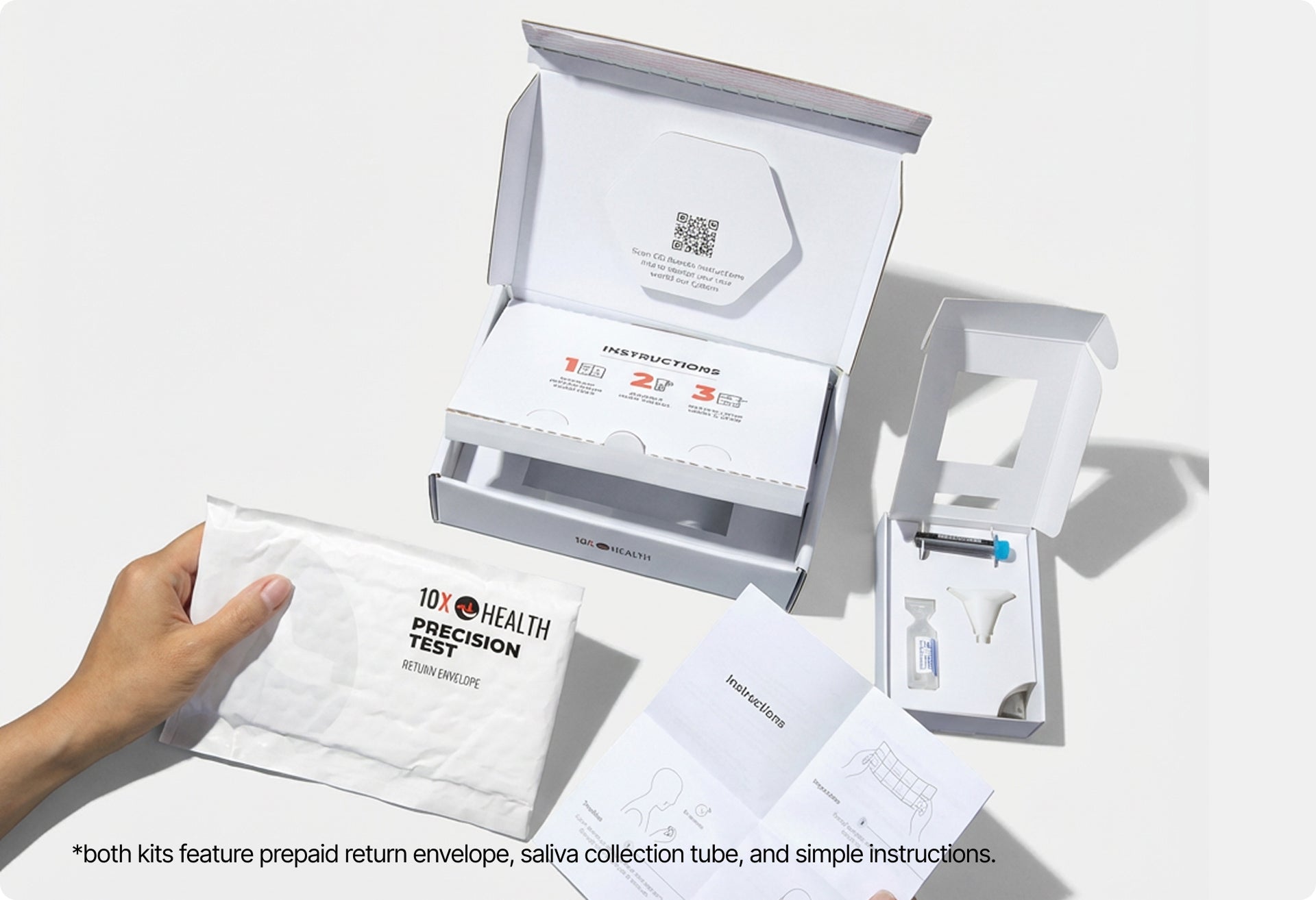 Health test kit with saliva collection tube, return envelope, and instructions on a white background